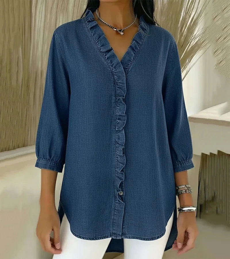 Clémence™ — Blouse fluide col V volanté