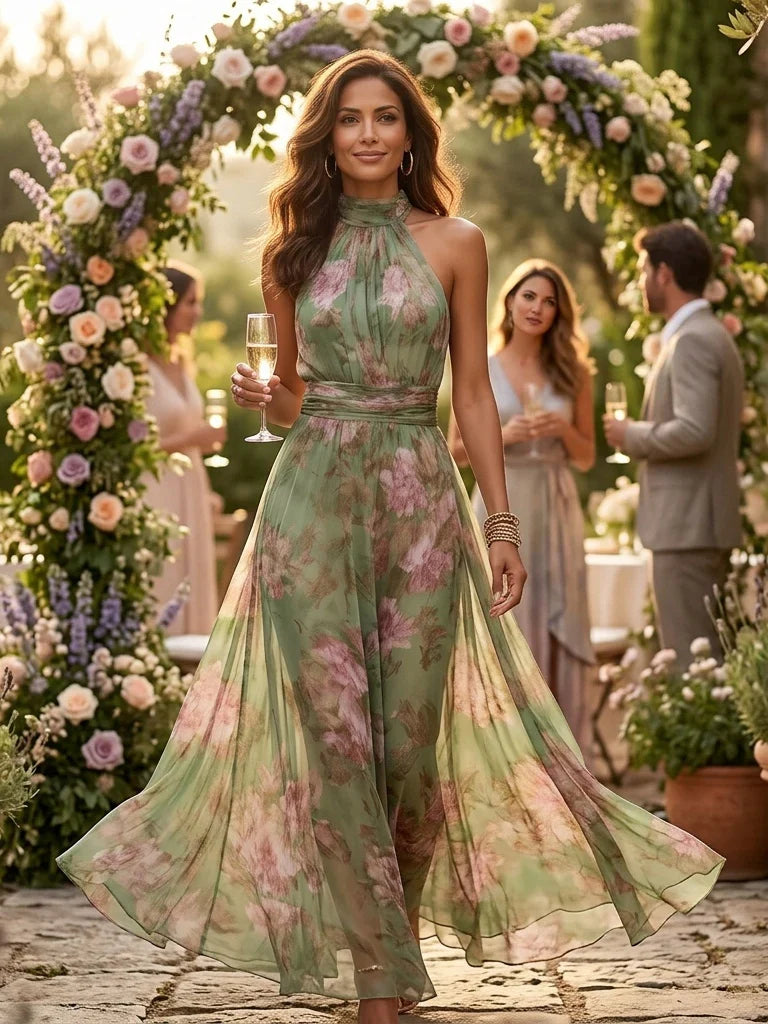 Ellie | Floral Wedding Guest Halter Maxi Dress with Tie Waist