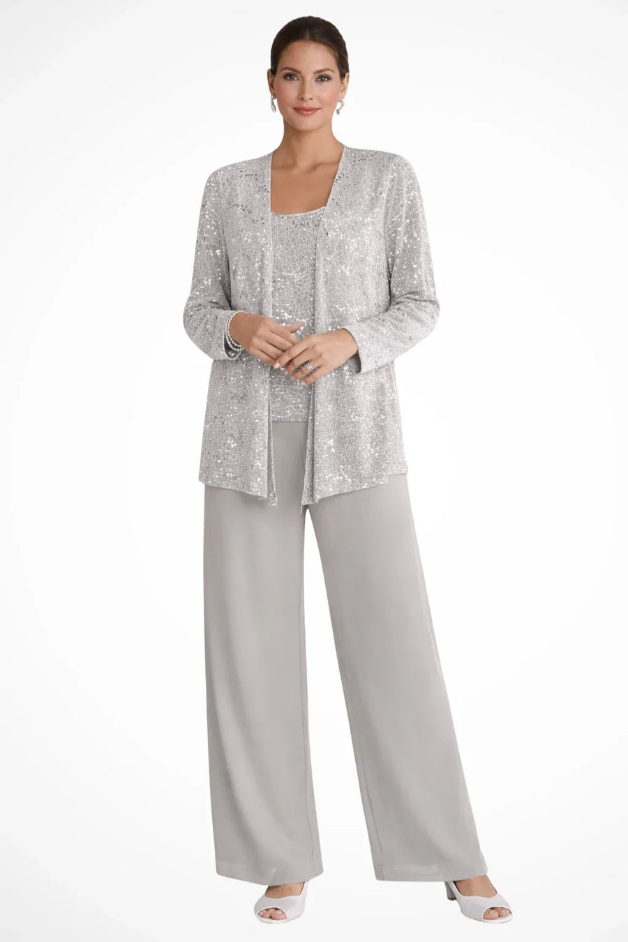 Evie | Women's Sequin Lace Three Piece Wide Leg Wedding Guest Trouser Suit