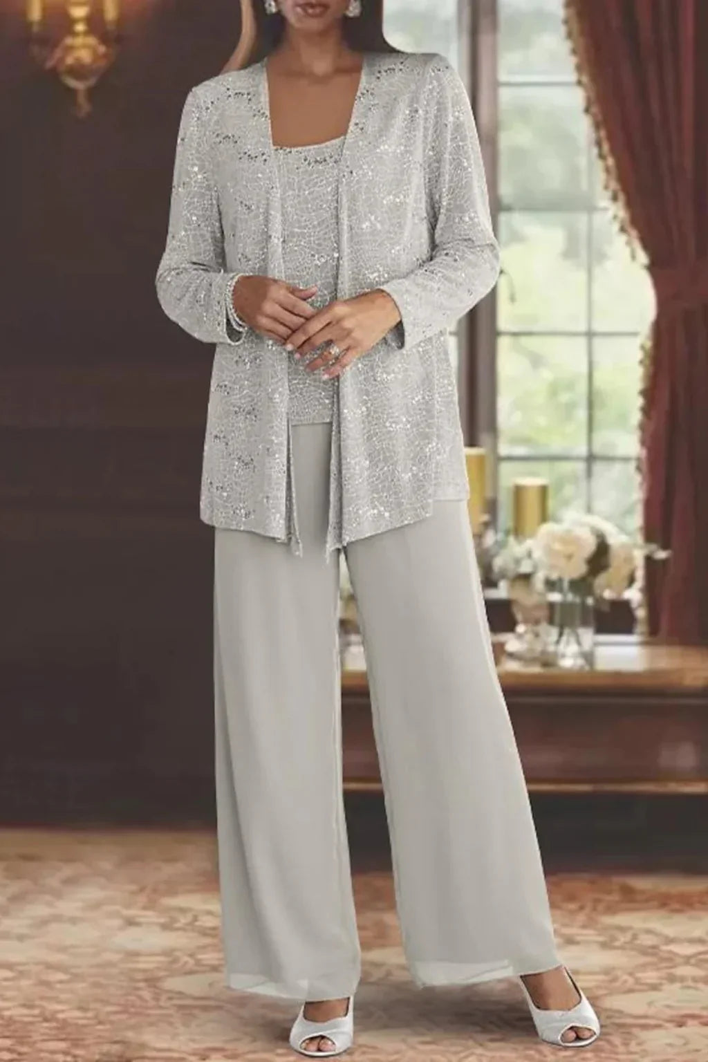 Evie | Women's Sequin Lace Three Piece Wide Leg Wedding Guest Trouser Suit