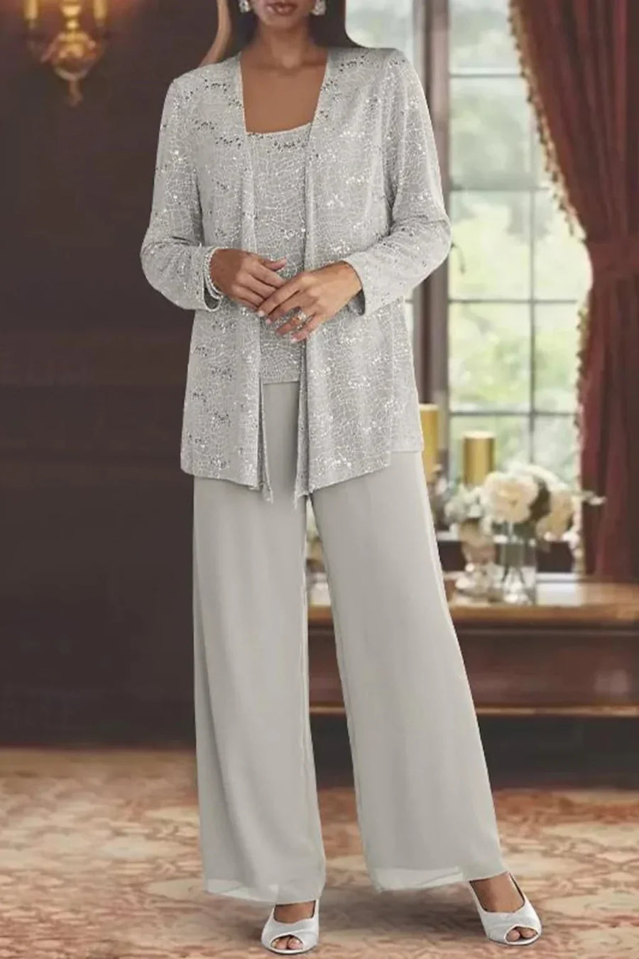 Evie | Women's Sequin Lace Three Piece Wide Leg Wedding Guest Trouser Suit
