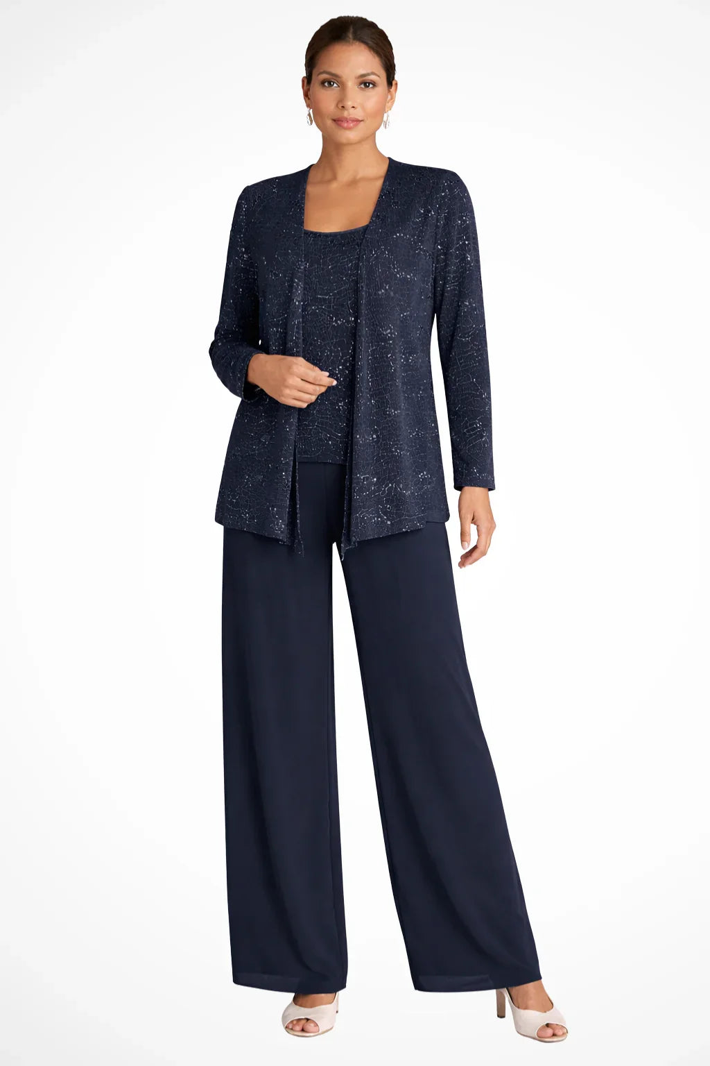 Evie | Women's Sequin Lace Three Piece Wide Leg Wedding Guest Trouser Suit