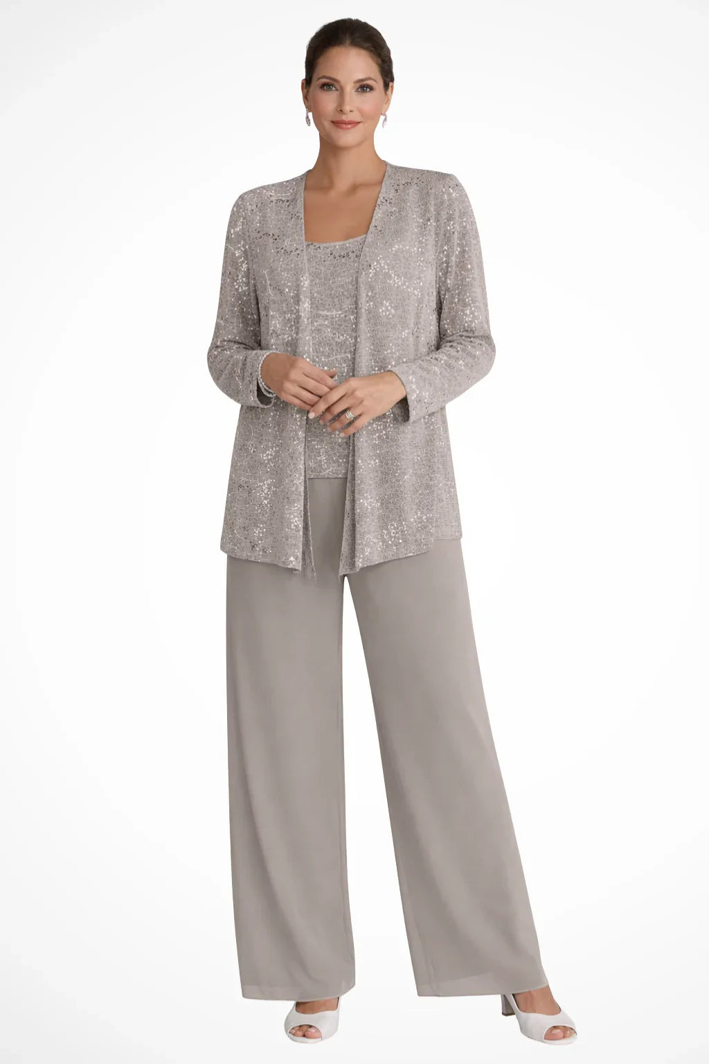 Evie | Women's Sequin Lace Three Piece Wide Leg Wedding Guest Trouser Suit