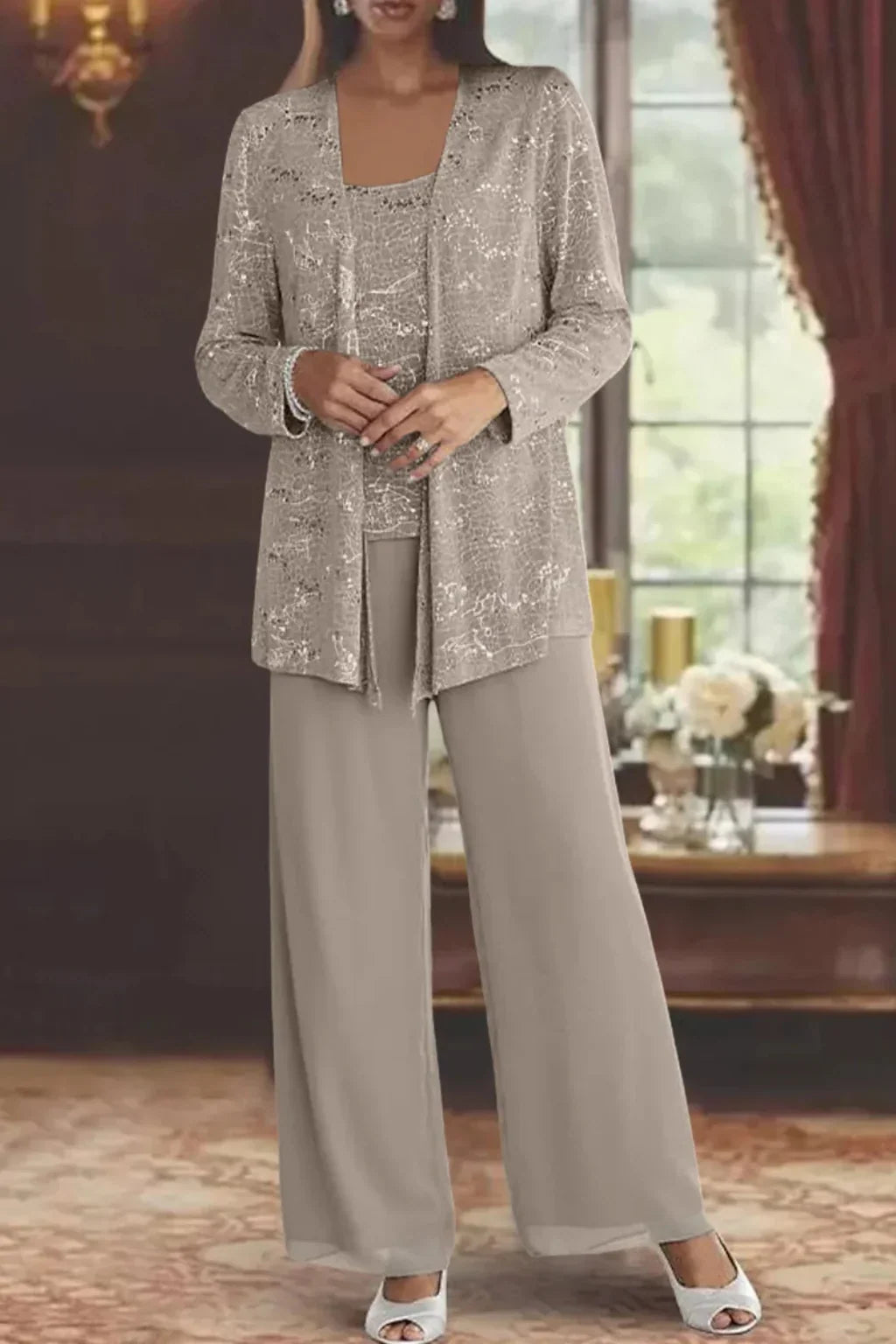 Evie | Women's Sequin Lace Three Piece Wide Leg Wedding Guest Trouser Suit