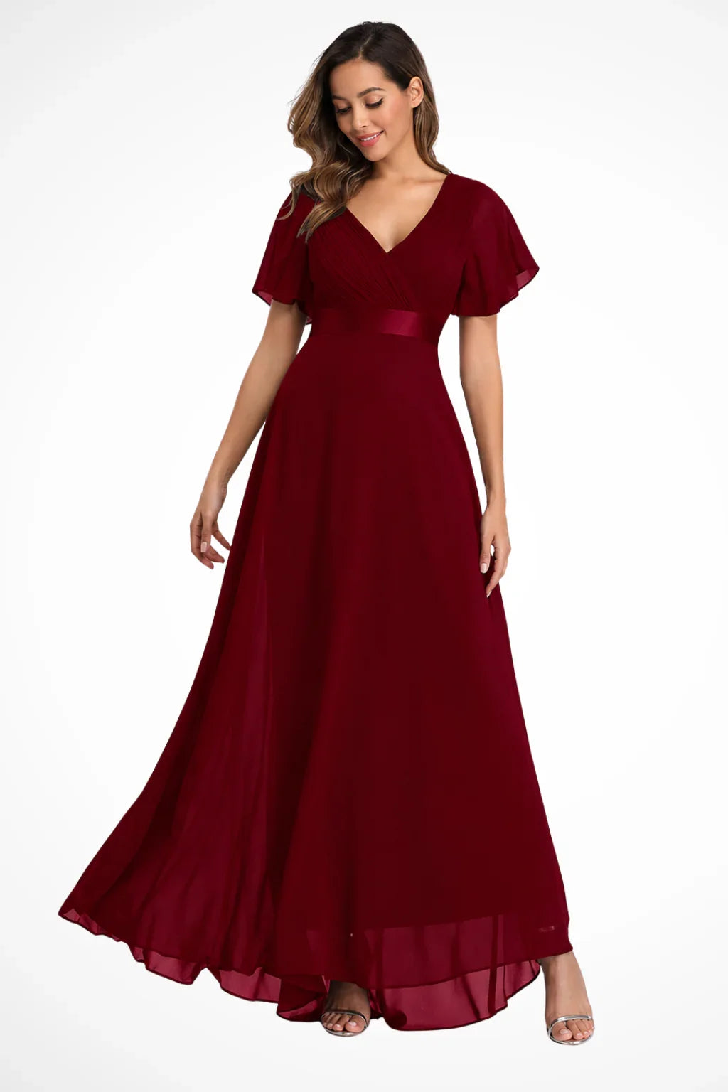 Felicity | Women's V-Neck Wedding Guest Maxi Dress with Flutter Sleeves