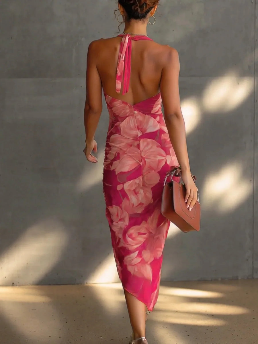 Hayley | Halter Neck Floral Wedding Guest Bodycon Midi Dress with Side Split