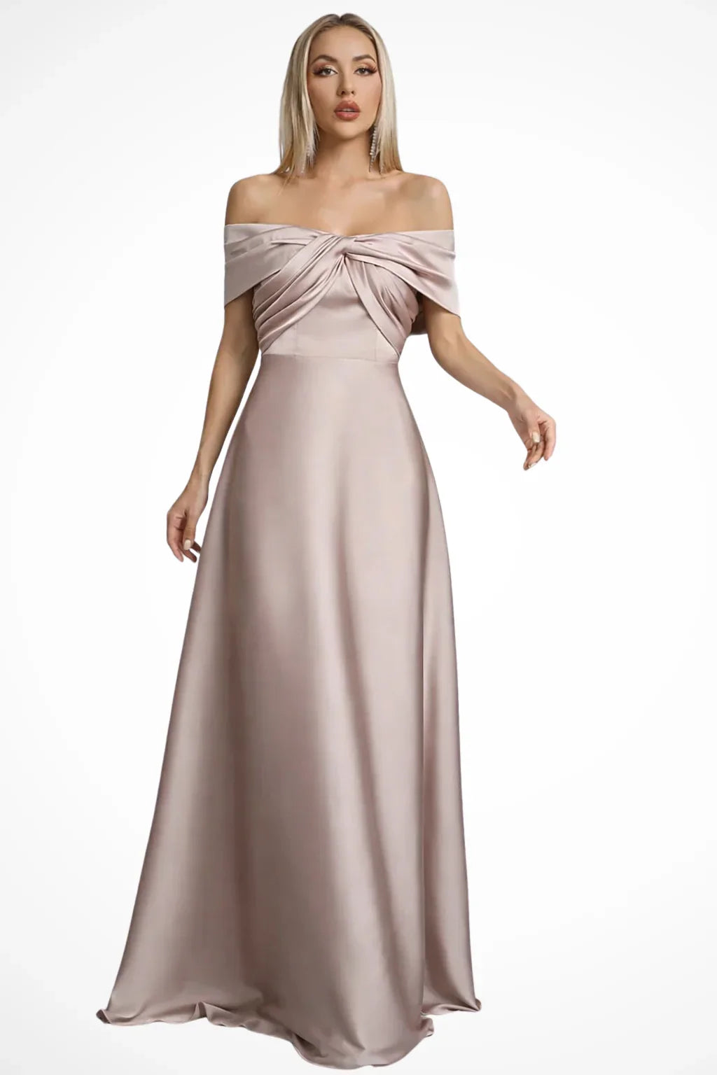 Iona | Pleated Off Shoulder Twisted Knot Evening Maxi Dress with Bodice