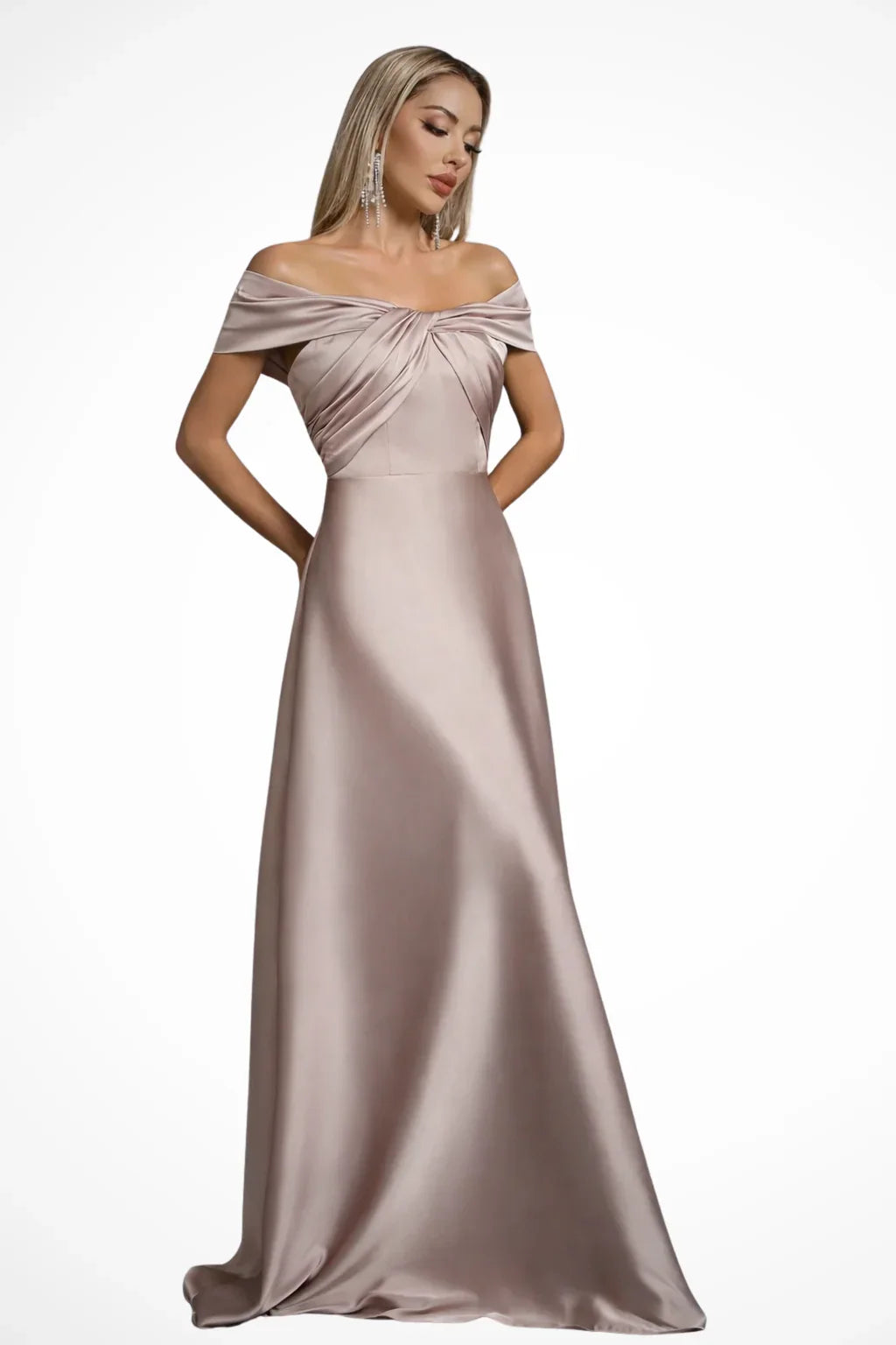 Iona | Pleated Off Shoulder Twisted Knot Evening Maxi Dress with Bodice