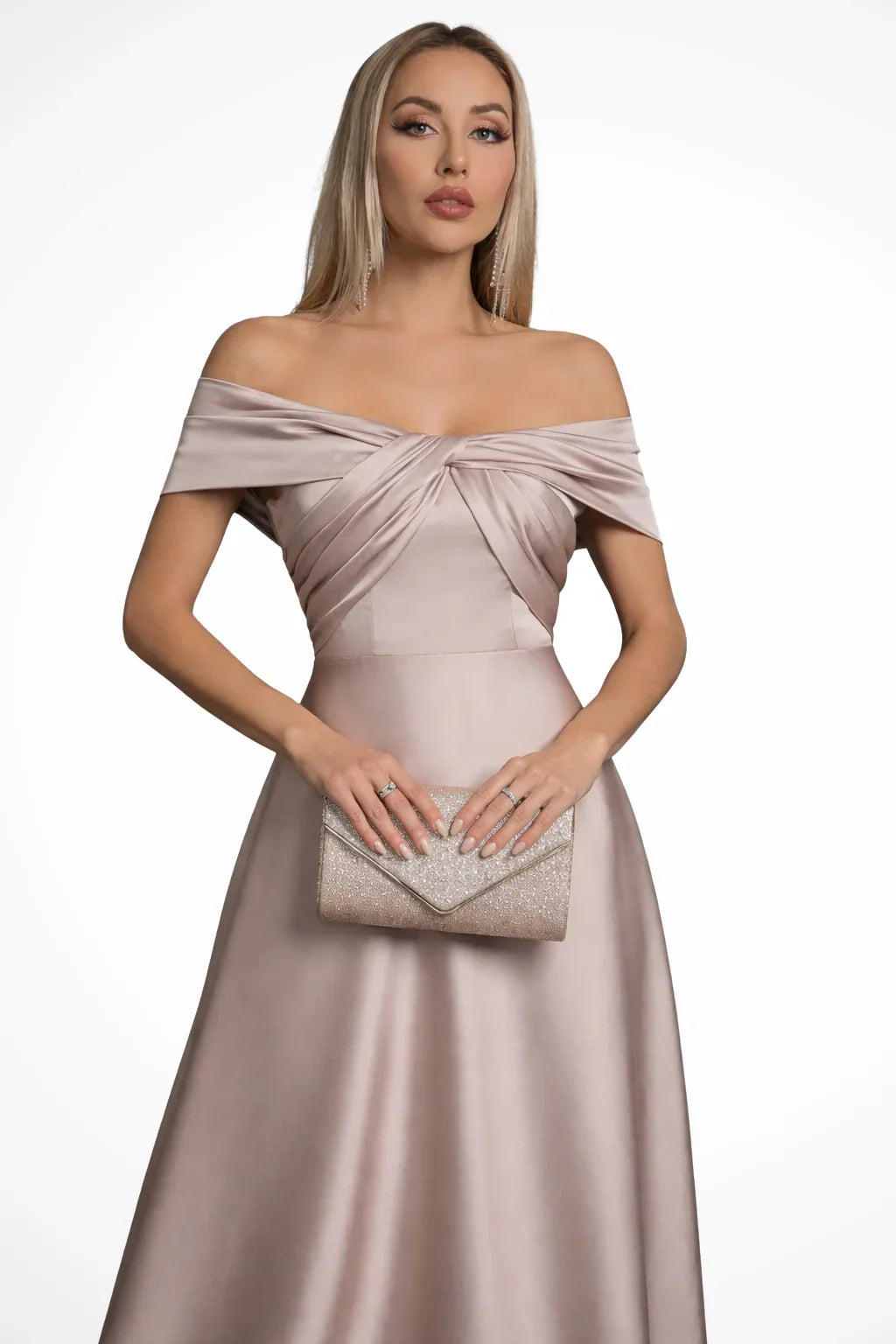 Iona | Pleated Off Shoulder Twisted Knot Evening Maxi Dress with Bodice