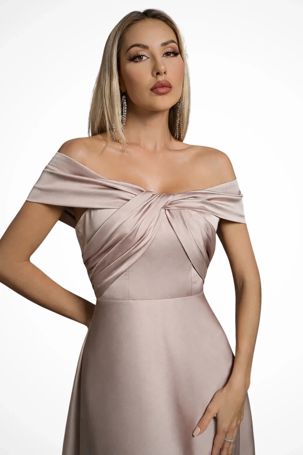 Iona | Pleated Off Shoulder Twisted Knot Evening Maxi Dress with Bodice