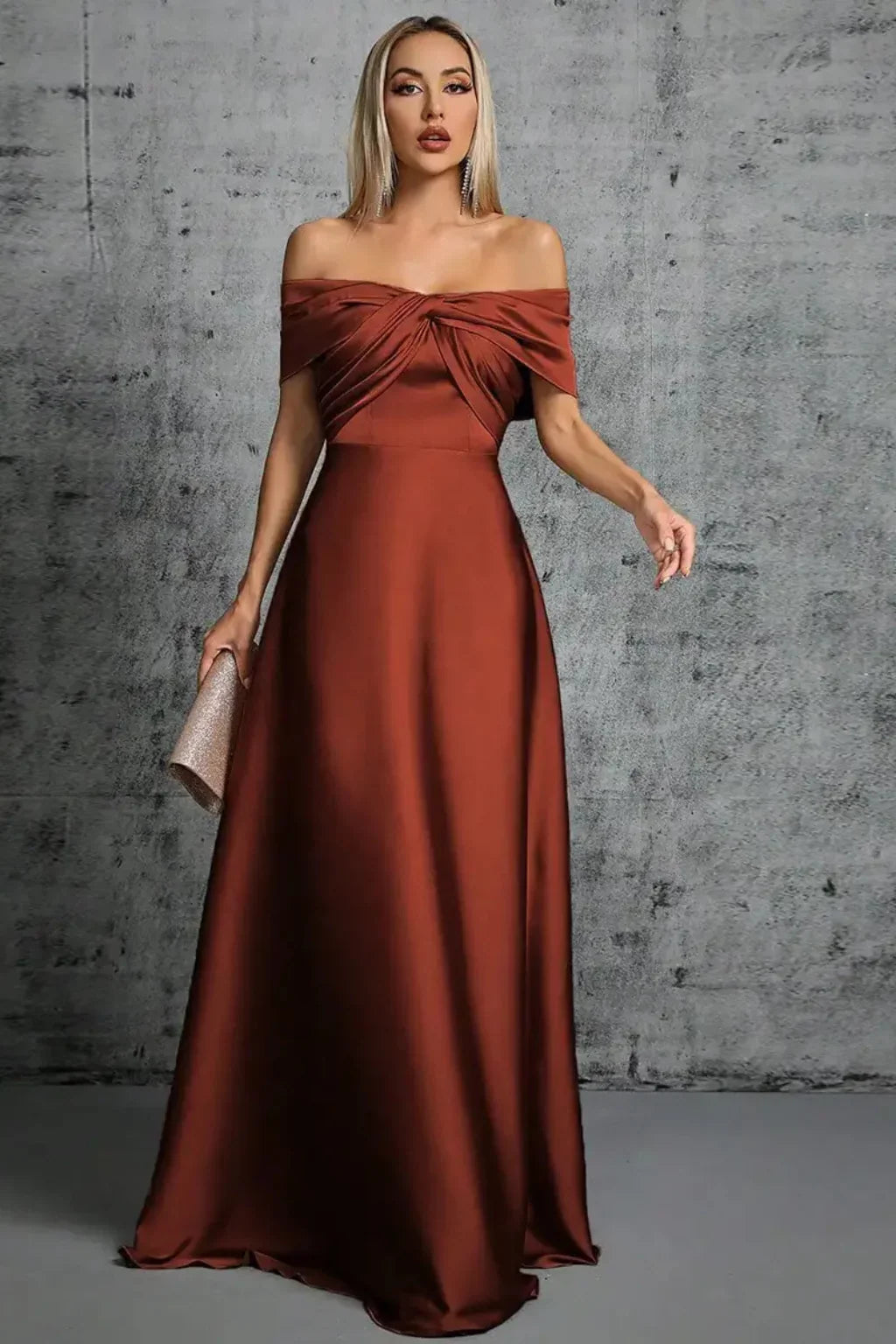 Iona | Pleated Off Shoulder Twisted Knot Evening Maxi Dress with Bodice