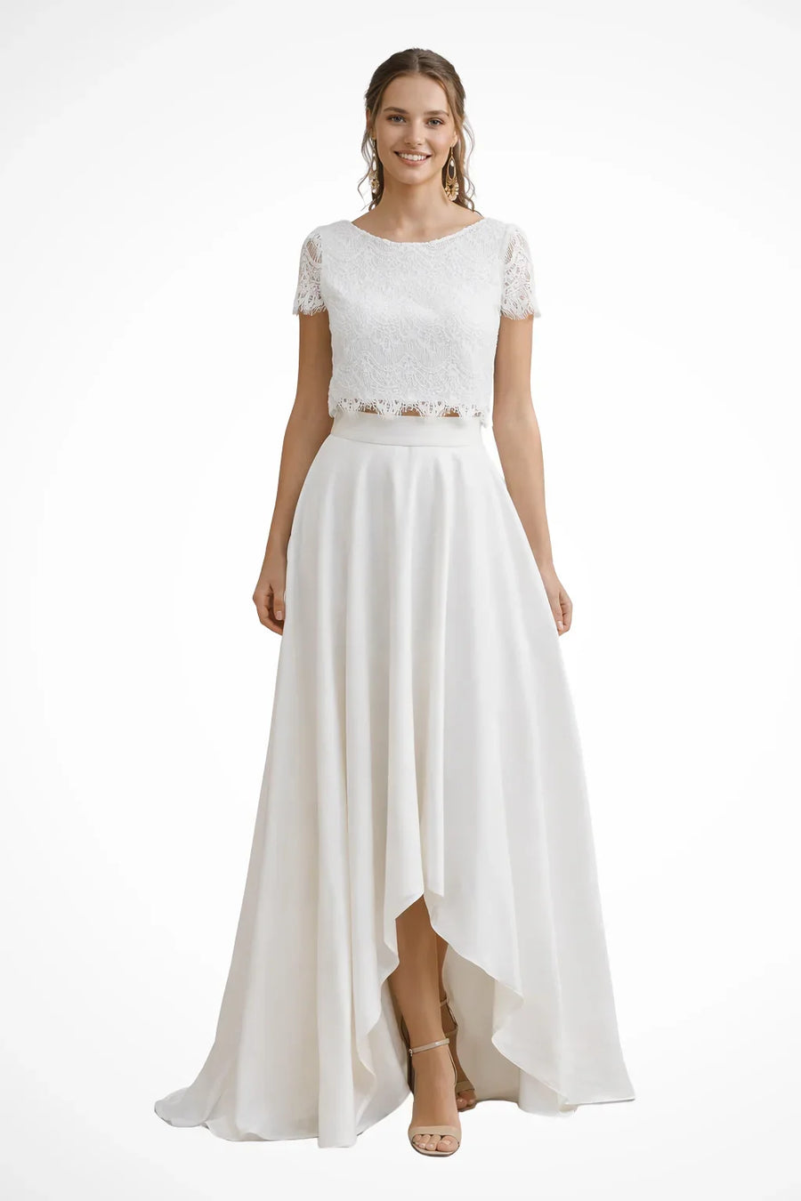 Irene | White Lace Top Midi Skirt Wedding Guest Bridal Two Piece Set with Short Sleeves