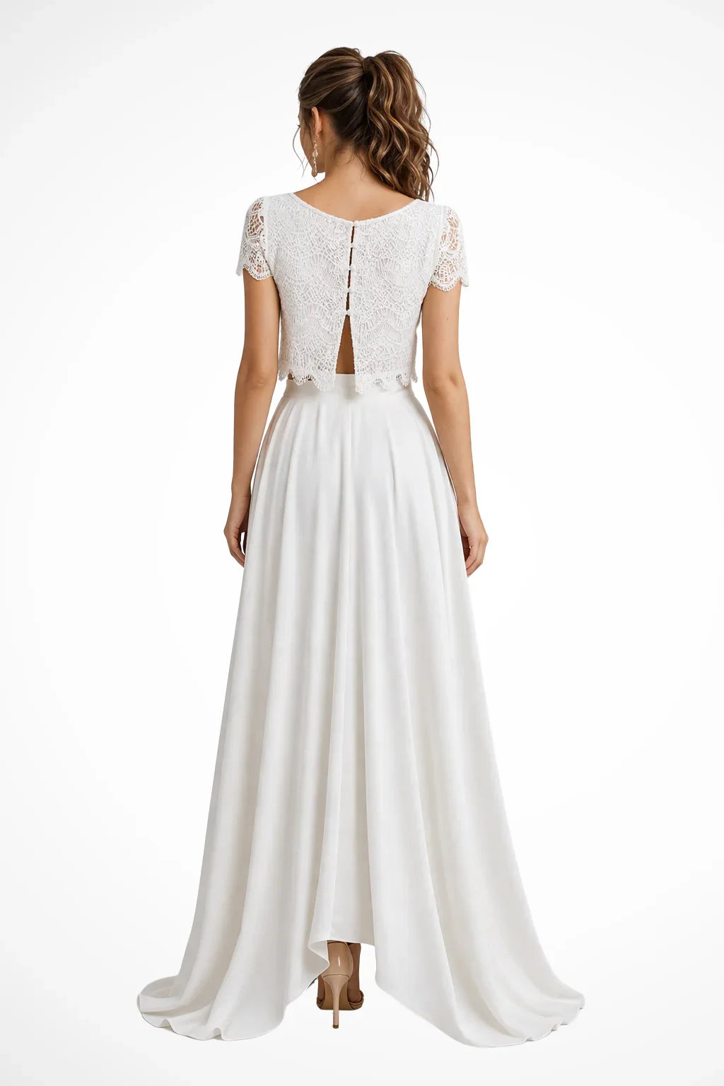 Irene | White Lace Top Midi Skirt Wedding Guest Bridal Two Piece Set with Short Sleeves
