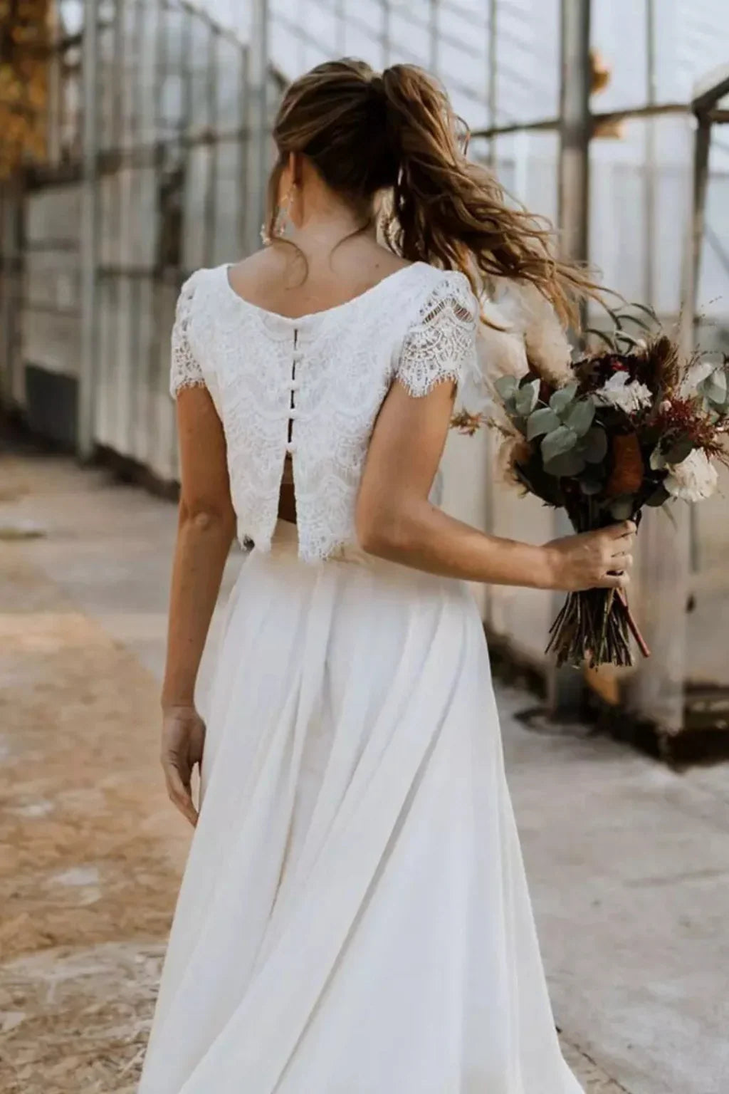 Irene | White Lace Top Midi Skirt Wedding Guest Bridal Two Piece Set with Short Sleeves