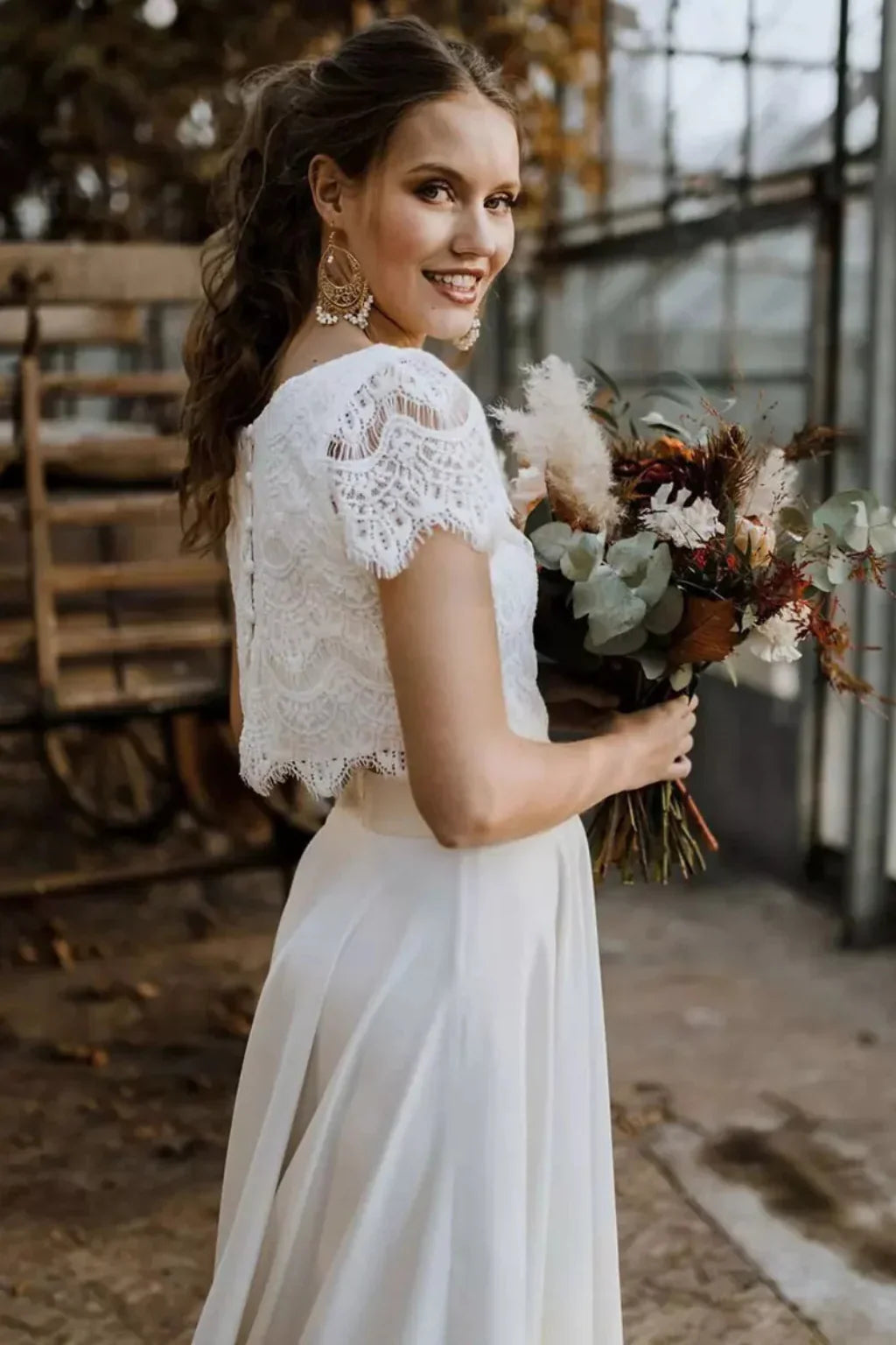 Irene | White Lace Top Midi Skirt Wedding Guest Bridal Two Piece Set with Short Sleeves