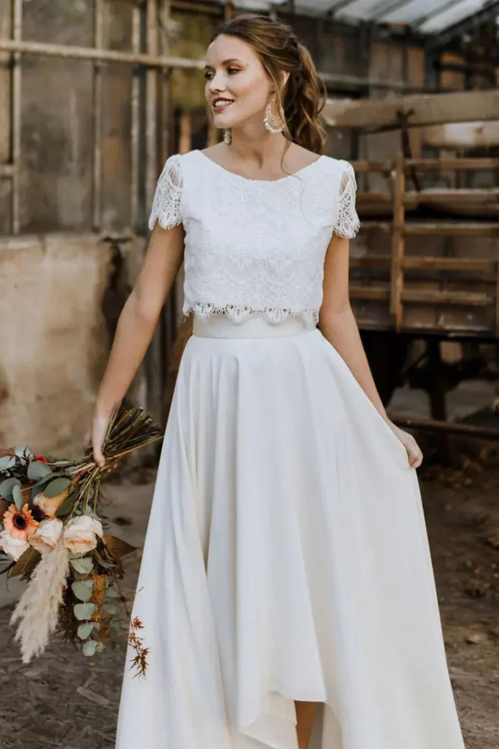 Irene | White Lace Top Midi Skirt Wedding Guest Bridal Two Piece Set with Short Sleeves