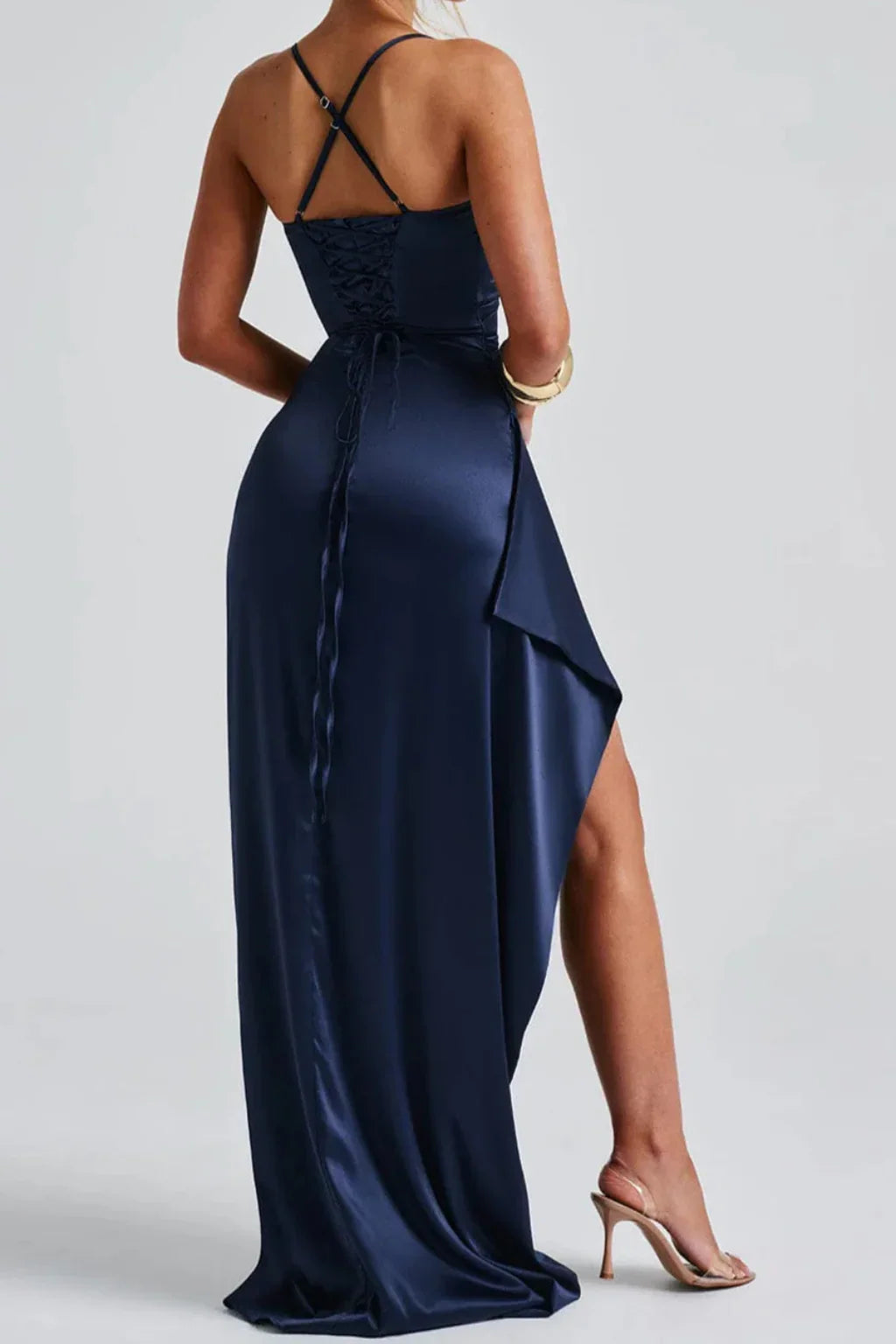 Jessica | Women's Navy Blue Ruched Wedding Guest Maxi Dress with High Slit