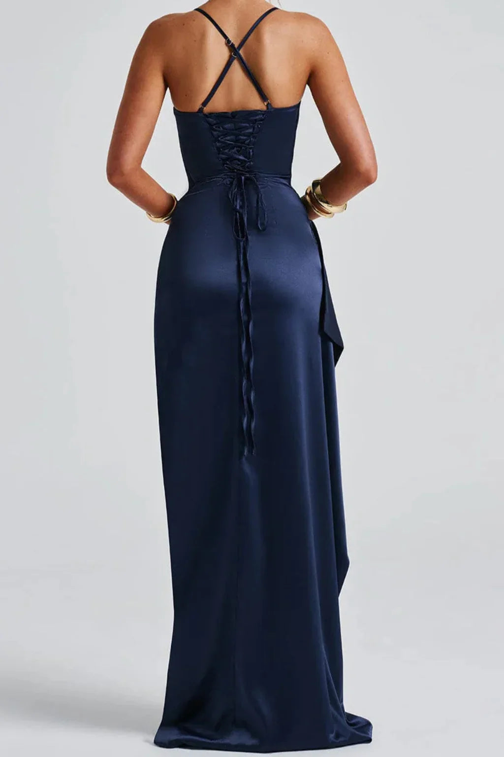 Jessica | Women's Navy Blue Ruched Wedding Guest Maxi Dress with High Slit