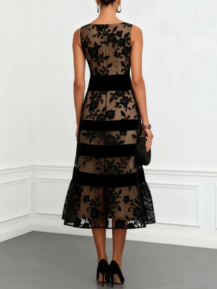 Margaret | Sleeveless Boat Neck Black Floral Wedding Guest Midi Dress