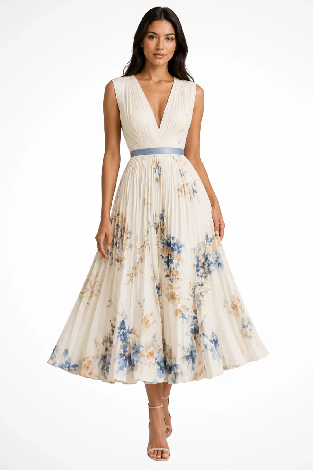 Nicola | Sleeveless V-Neck Floral Pleated Wedding Guest Midi Dress