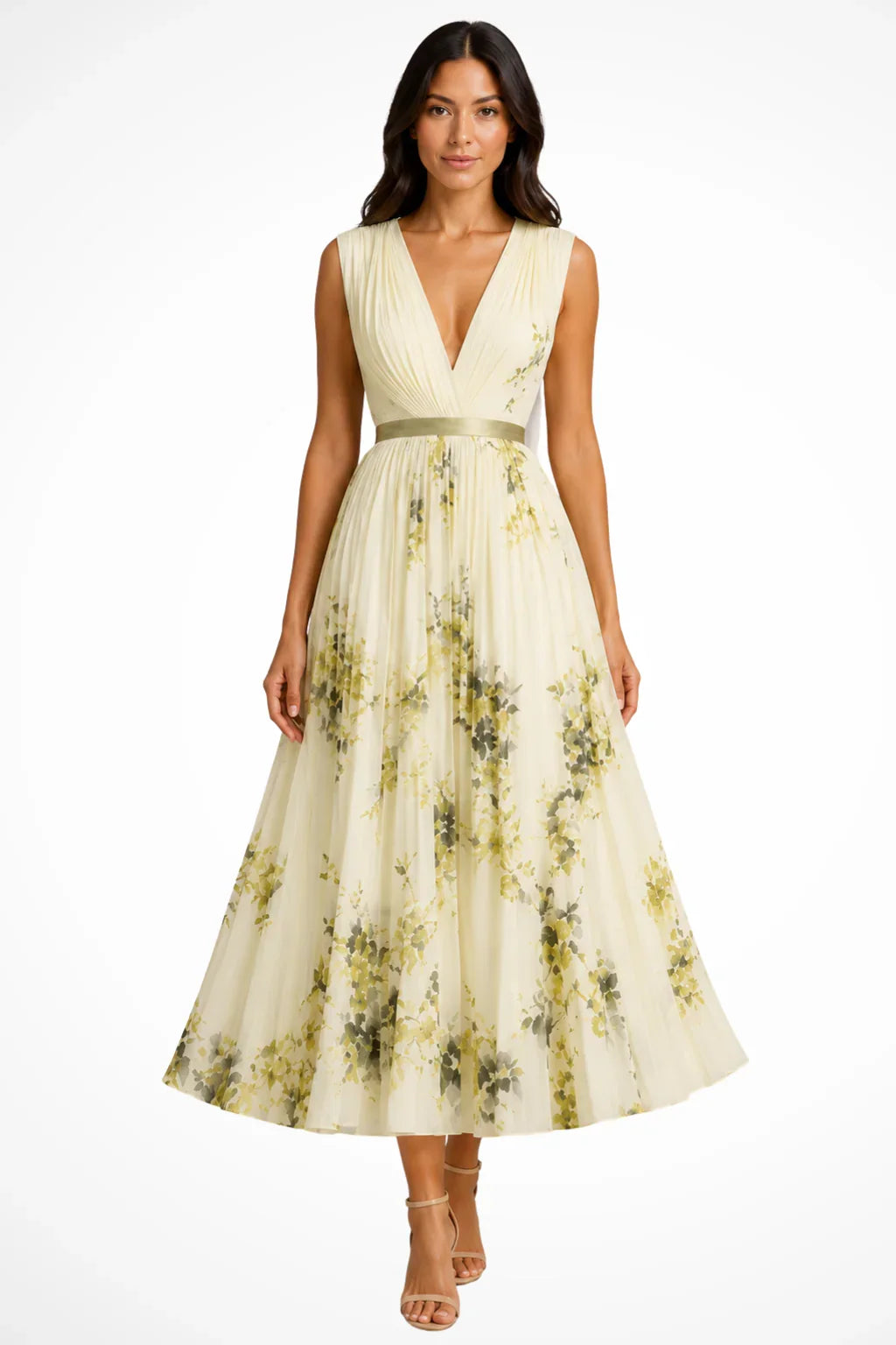 Nicola | Sleeveless V-Neck Floral Pleated Wedding Guest Midi Dress