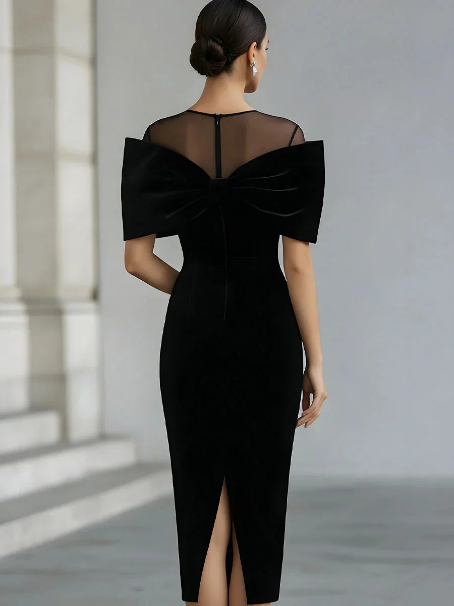 Pamela | Boat Neck Black Wedding Guest Formal Midi Dress with Bow