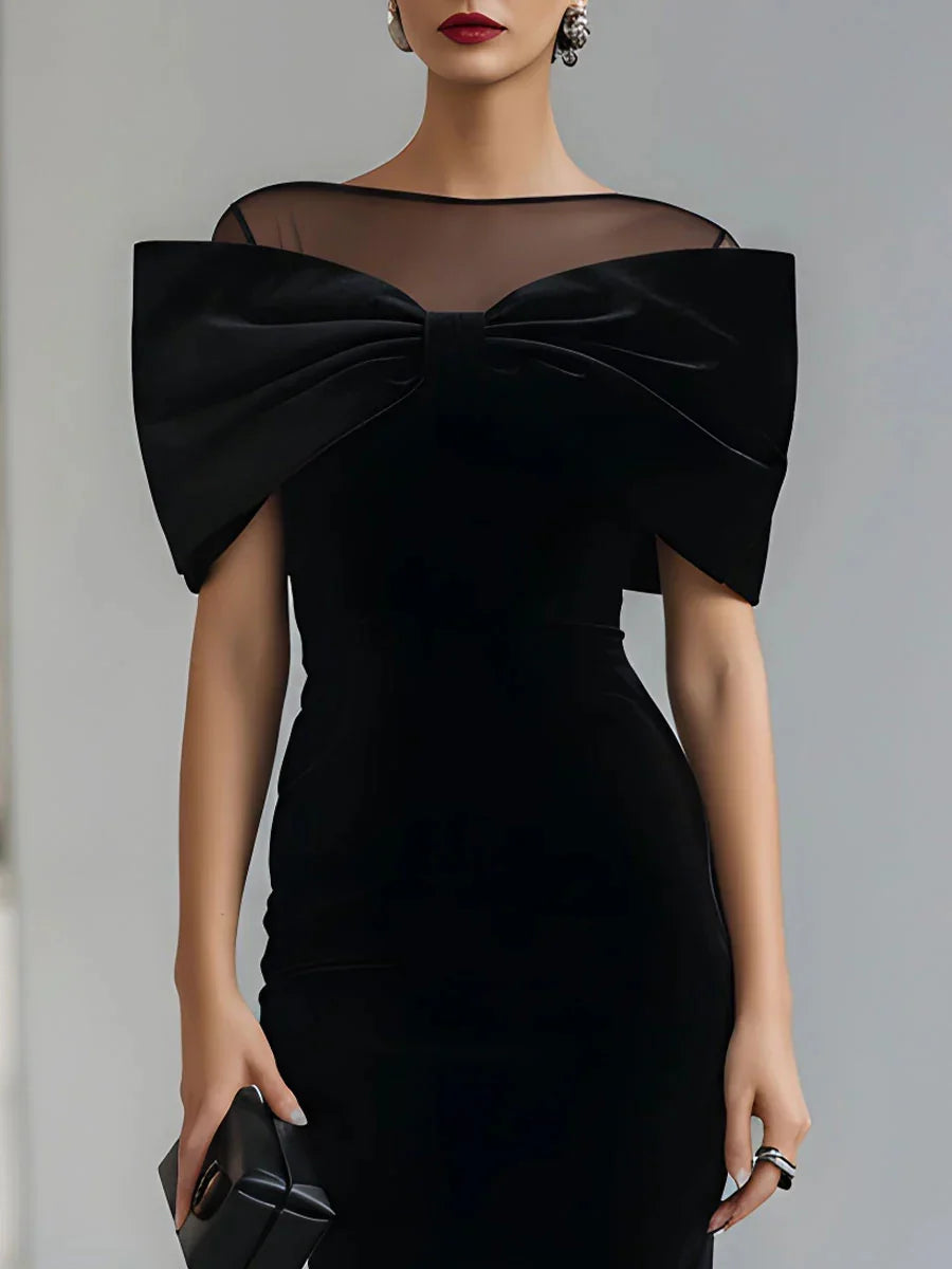 Pamela | Boat Neck Black Wedding Guest Formal Midi Dress with Bow