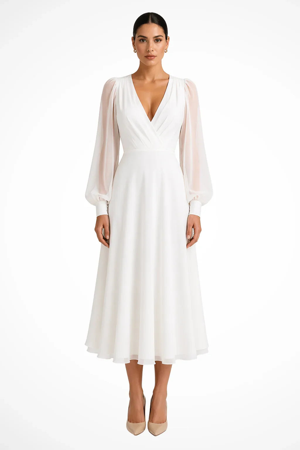 Perdita | Robe Midi Blanche à Manches Bouffantes