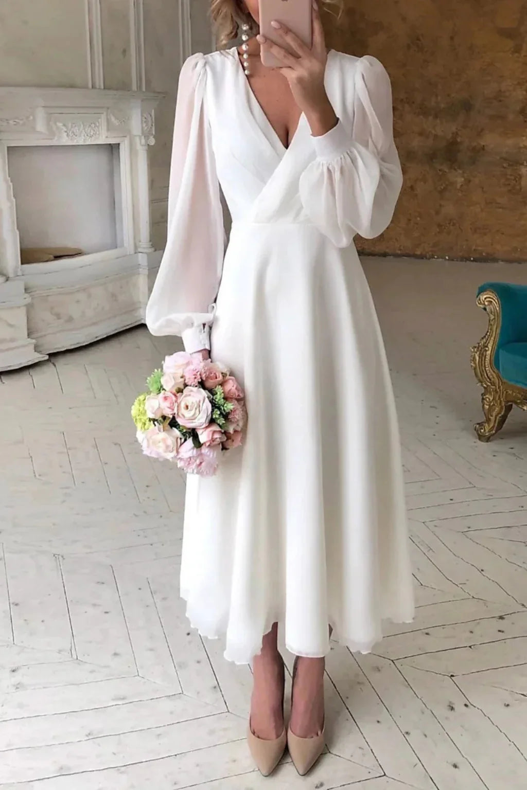 Perdita | Robe Midi Blanche à Manches Bouffantes