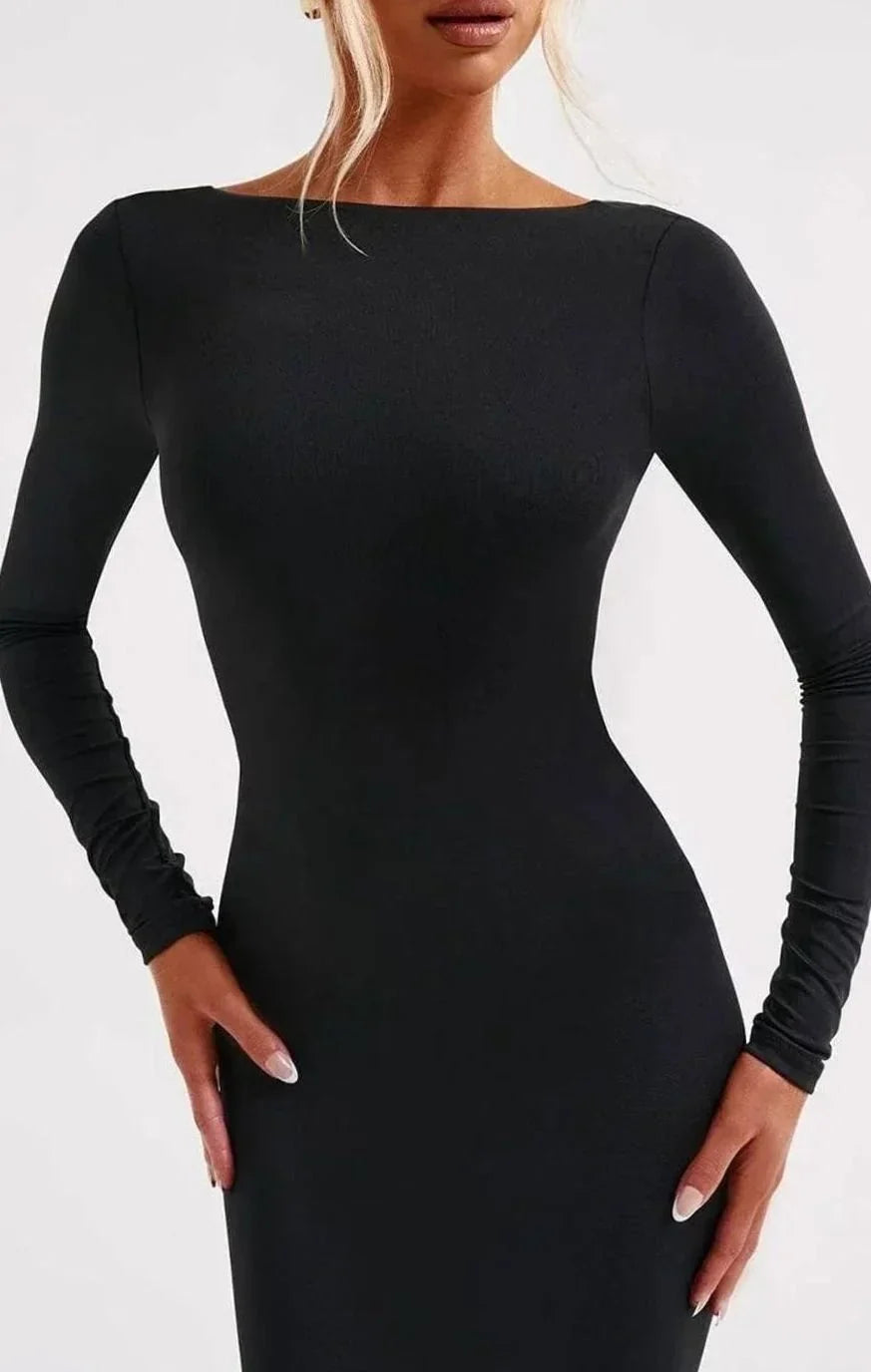 Backless Maxi Dress - Long Sleeve Ruched Women's Black Tie