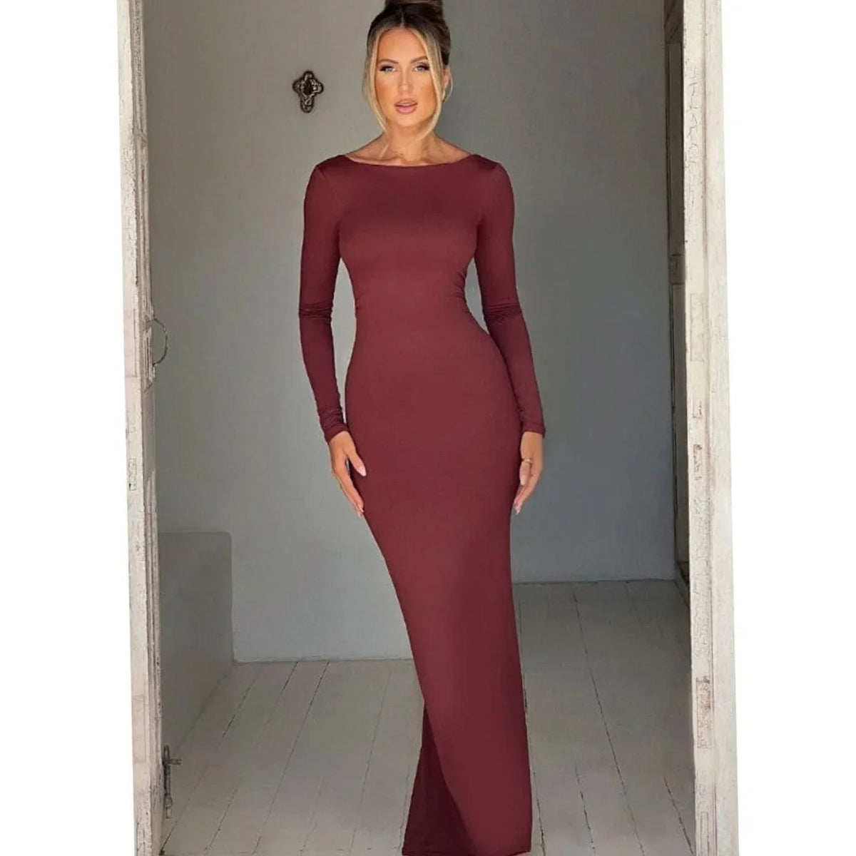 Open Back Maxi Dress - Long Sleeve Fitted Women's Bridesmaid