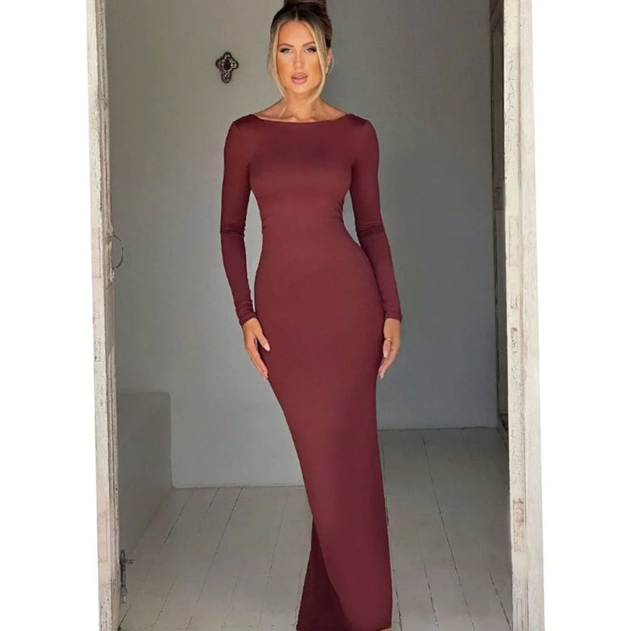 Open Back Maxi Dress - Long Sleeve Fitted Women's Bridesmaid