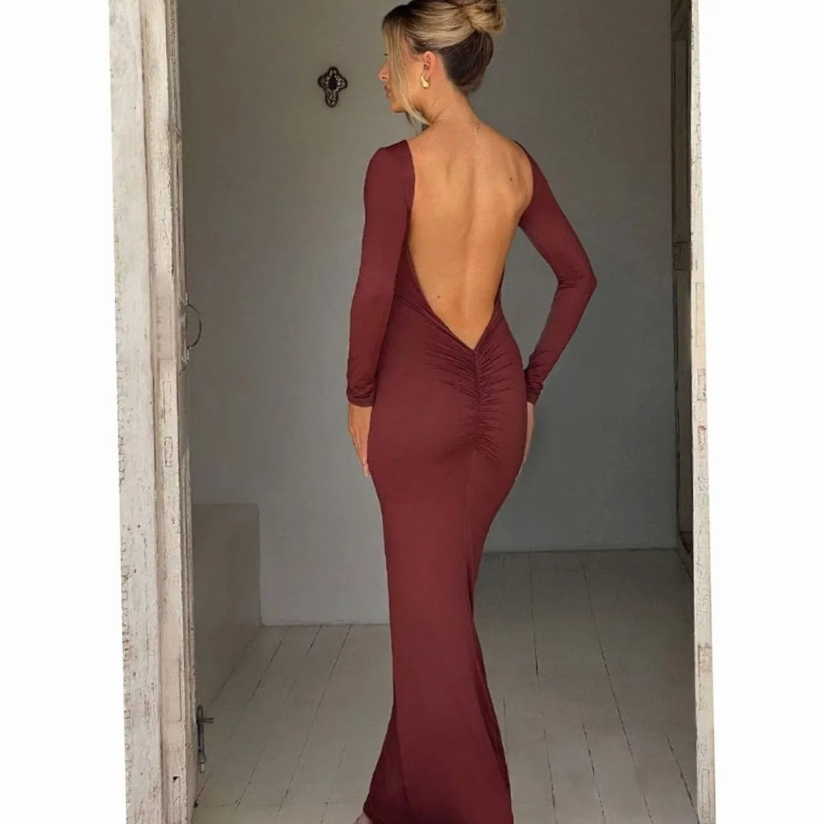 Open Back Maxi Dress - Long Sleeve Fitted Women's Bridesmaid