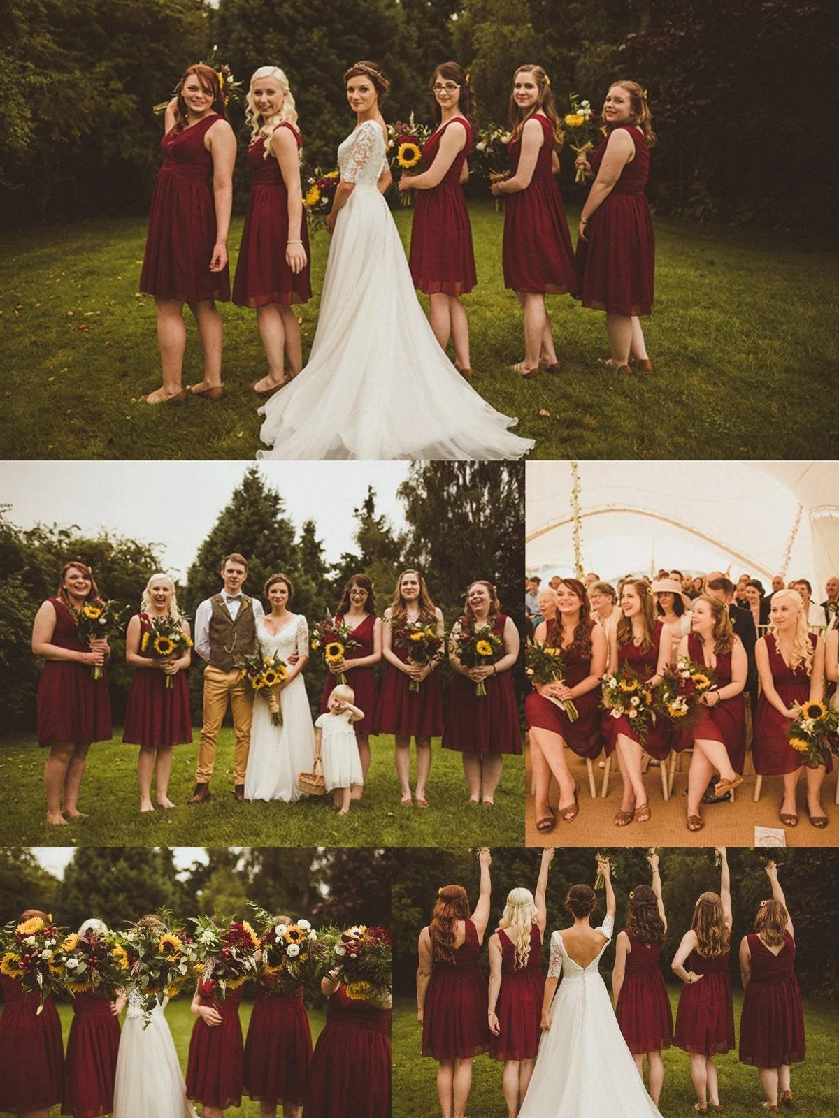 Chiffon Bridesmaid Dress - Midi V Neck Pleated Waist Women's