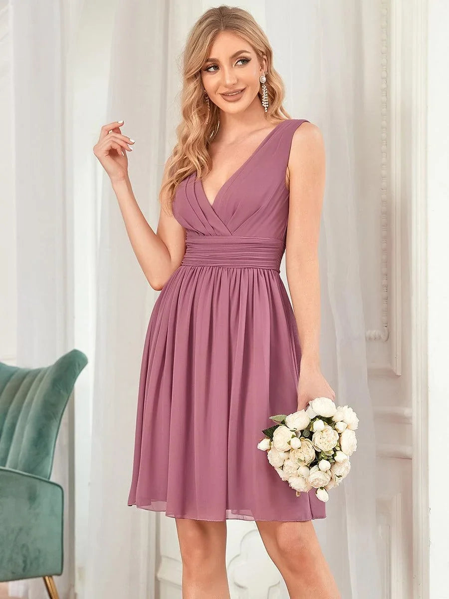 Chiffon Bridesmaid Dress - Midi V Neck Pleated Waist Women's