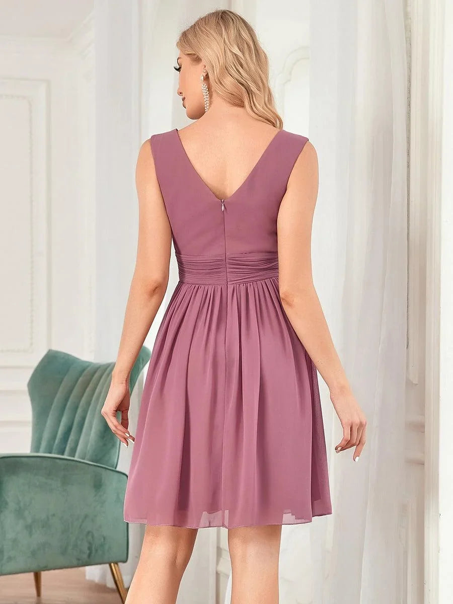 Chiffon Bridesmaid Dress - Midi V Neck Pleated Waist Women's