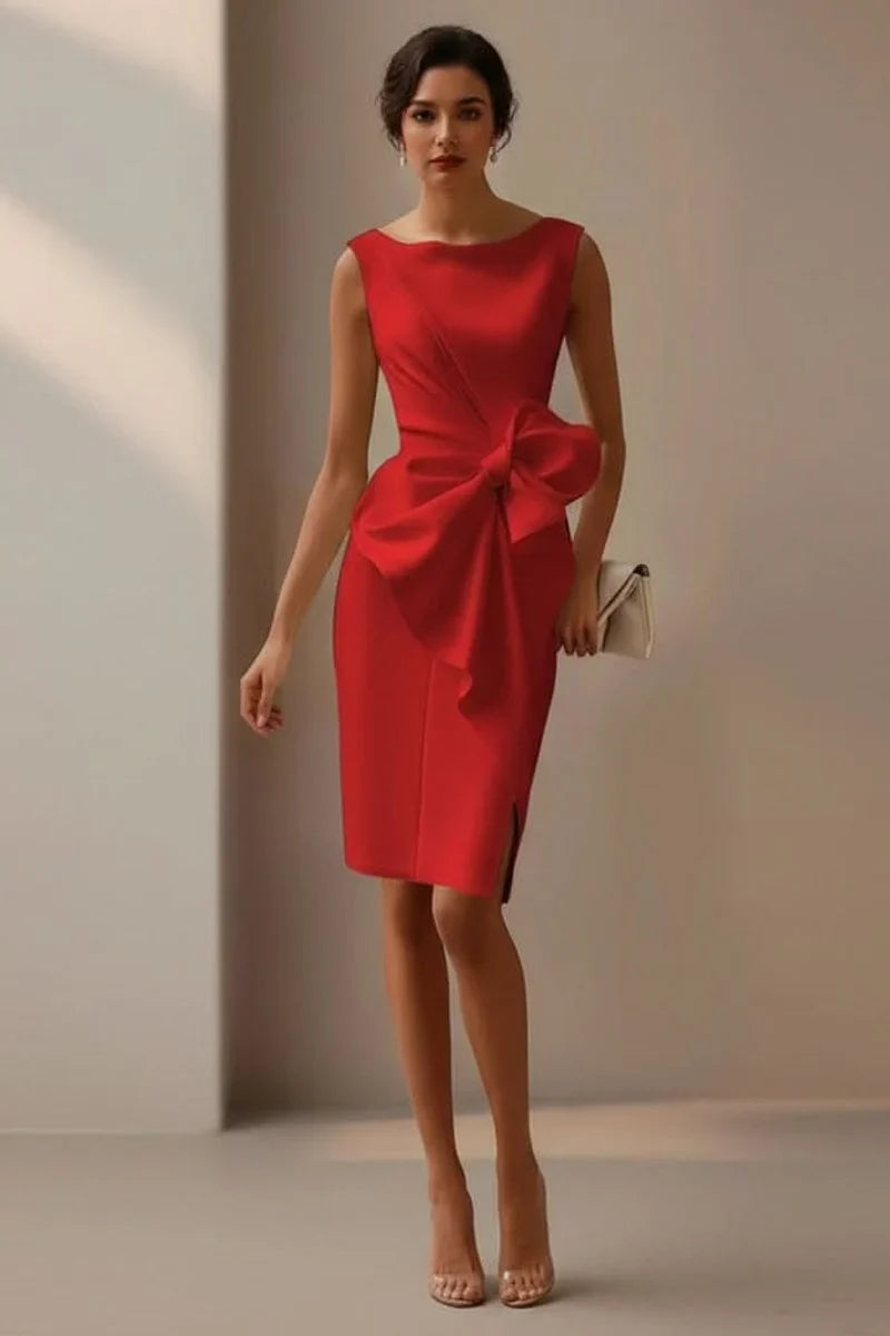 Bow Detail Midi Dress - Sheath Sleeveless Women's Wedding