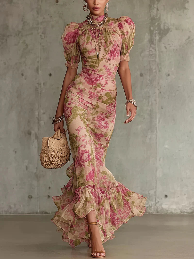 Yvonne | Floral Wedding Guest Maxi Dress with Puff Sleeves