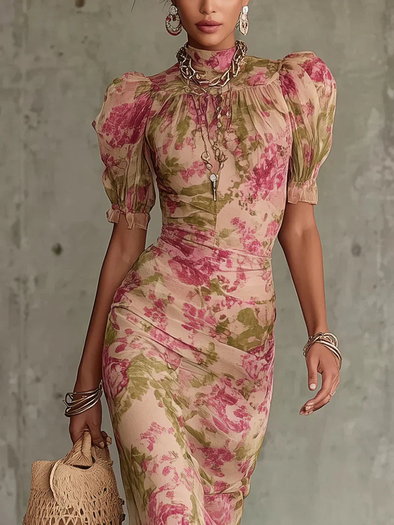 Yvonne | Floral Wedding Guest Maxi Dress with Puff Sleeves